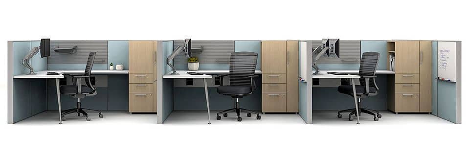 Office workstation layout with three cubicles