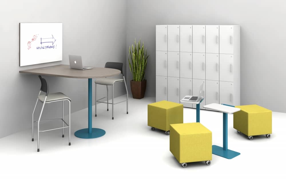 Rendering of Volker Cubes in Office with Lockers and Table