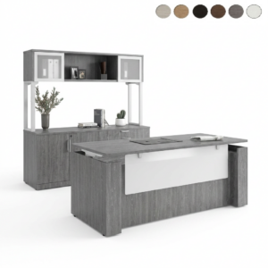 Executive Height Adjustable Desk with Storage Credenza and Hutch