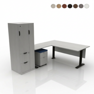Design Your Customized L Shape Height Adjustable Desk with a Mobile Pedestal/Cushion and a Wardrobe